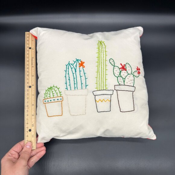 Throw Pillow Handmade Cactus Red Velvet Back Embroidered Square Decorative - Picture 7 of 9